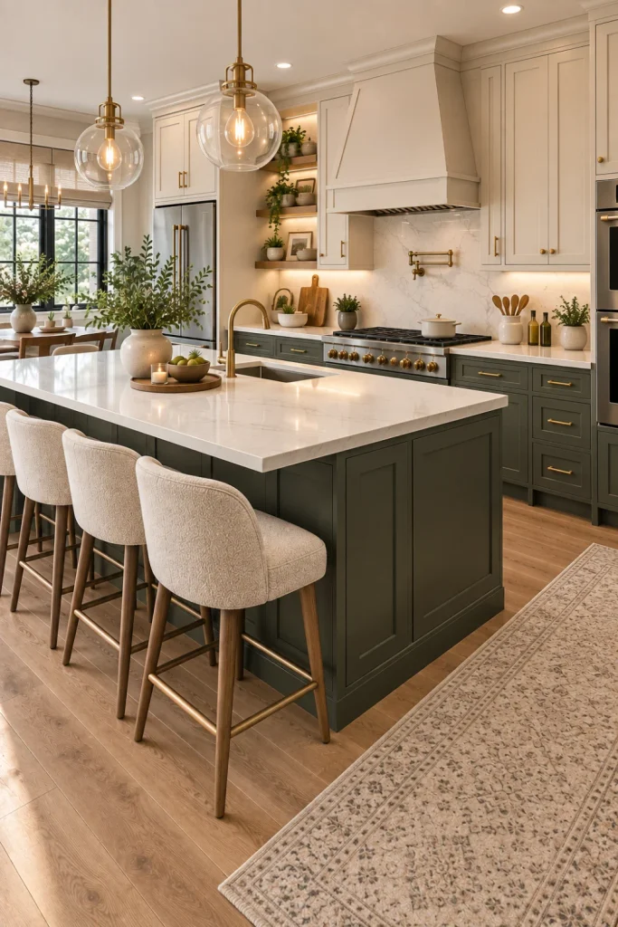 Two-tone painted kitchen cabinets with light upper cabinets, darker lower cabinets and island, quartz countertops, brass hardware, oak accents, and modern lighting.