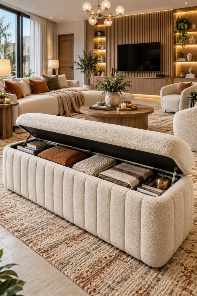 Modern living room featuring a cream upholstered storage bench with a concealed compartment, sculptural sofa, textured rug, warm wood cabinetry, wall-mounted TV, layered cushions, and contemporary lighting.