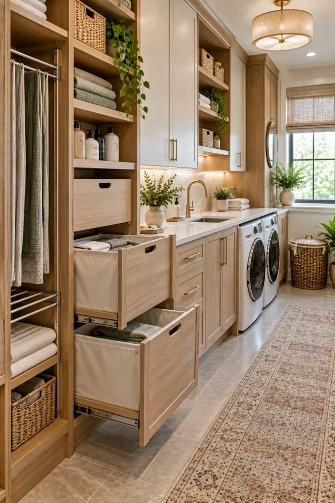 Modern laundry room with floor-to-ceiling vertical cabinetry, concealed pull-out hampers, drying rack, labeled storage, warm wood finishes, stone countertop, and contemporary lighting.