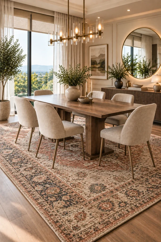 Vintage-inspired modern dining room featuring a softly distressed rug, contemporary furniture, warm wood, elegant lighting, and luxury decor.