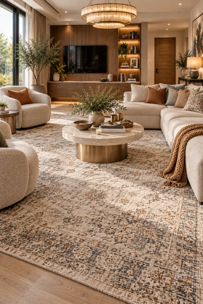 Vintage-modern neutral carpet paired with contemporary cream seating, walnut furniture, elegant lighting, and layered décor in a refined modern living room.