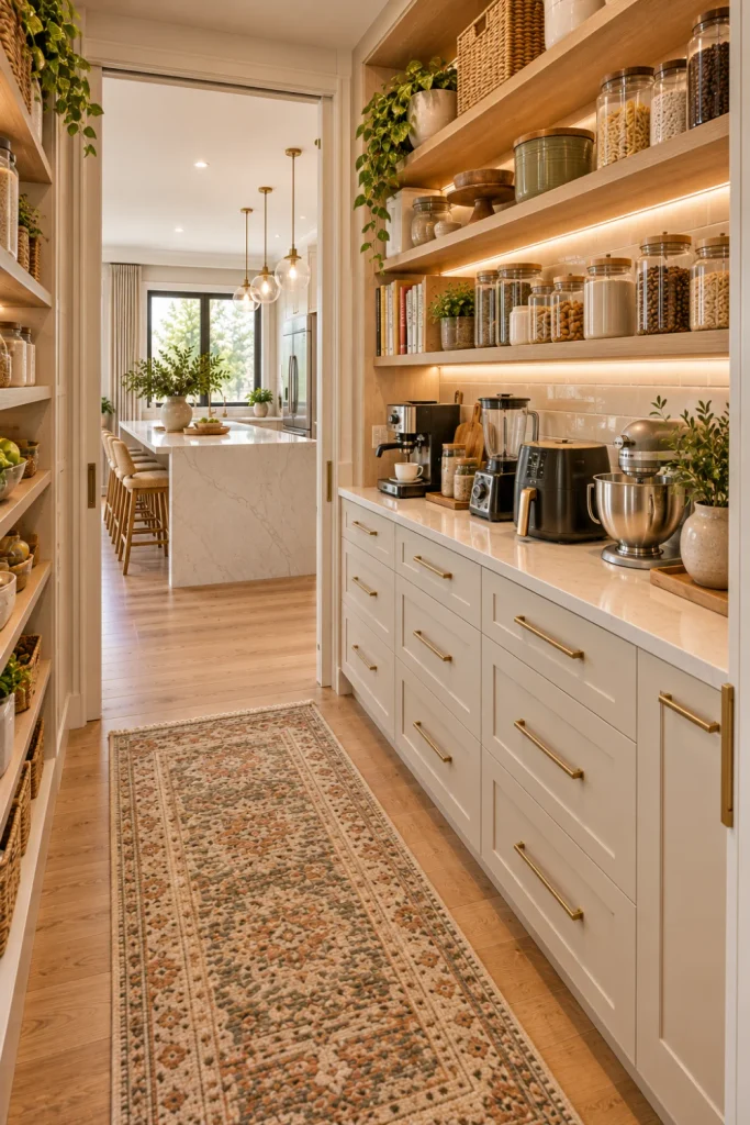 Luxury walk-in open-door pantry with countertop appliance zone, coffee maker, mixer, air fryer, open shelving, cabinets, warm lighting, and modern kitchen styling.
