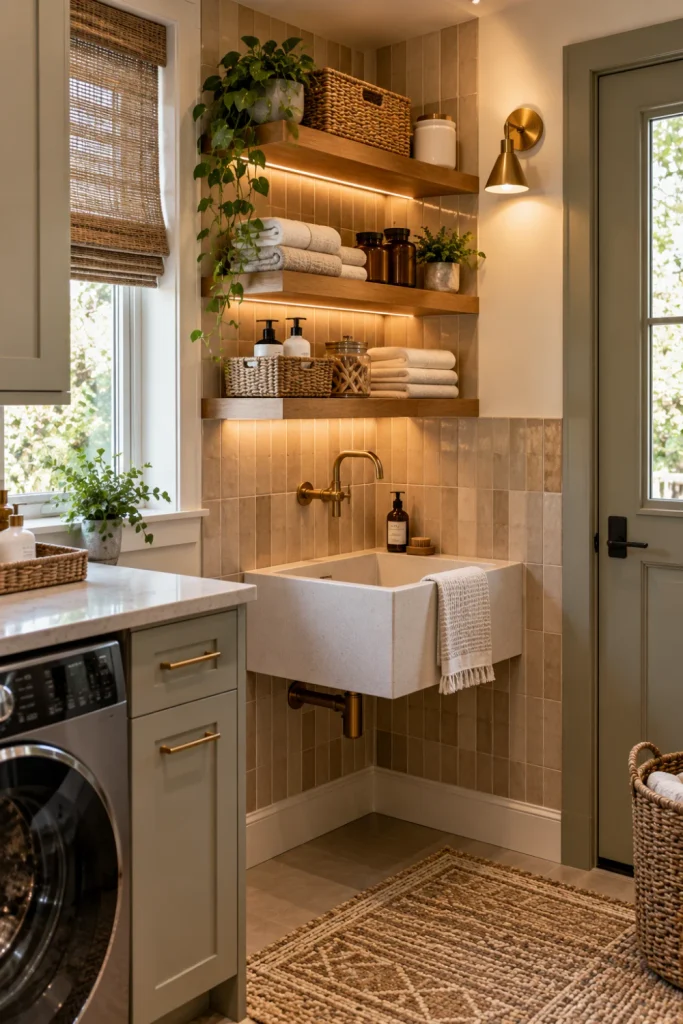 Space-saving modern laundry room featuring a wall-mounted corner wash tub sink, floating wood shelves, warm cabinetry, patterned tile, woven baskets, and soft contemporary lighting.