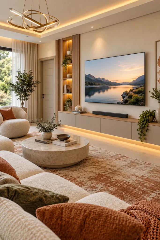 Wall-mounted slim TV in a clean contemporary living room with warm wood accents, modern cabinetry, luxury seating, and soft ambient lighting.