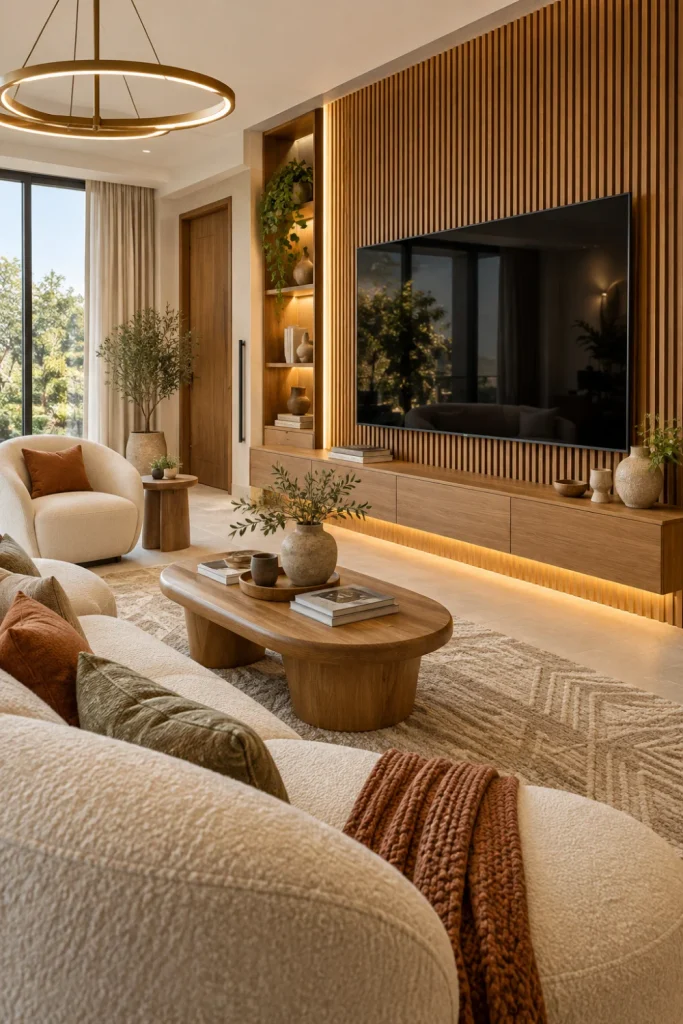 Ultra-realistic contemporary living room featuring a wall-mounted flat-screen TV centered on a warm natural oak slat feature wall, with a floating wood console, cream boucle sectional sofa, textured rug, modern chandelier, concealed LED lighting, neutral and caramel decor, and elegant cabinetry.