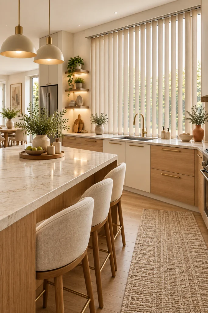 Sophisticated modern kitchen with warm beige vertical blinds beside cream cabinetry and honey oak finishes, a contemporary island, marble-look countertops, brass fixtures, layered neutral décor, and soft natural lighting.