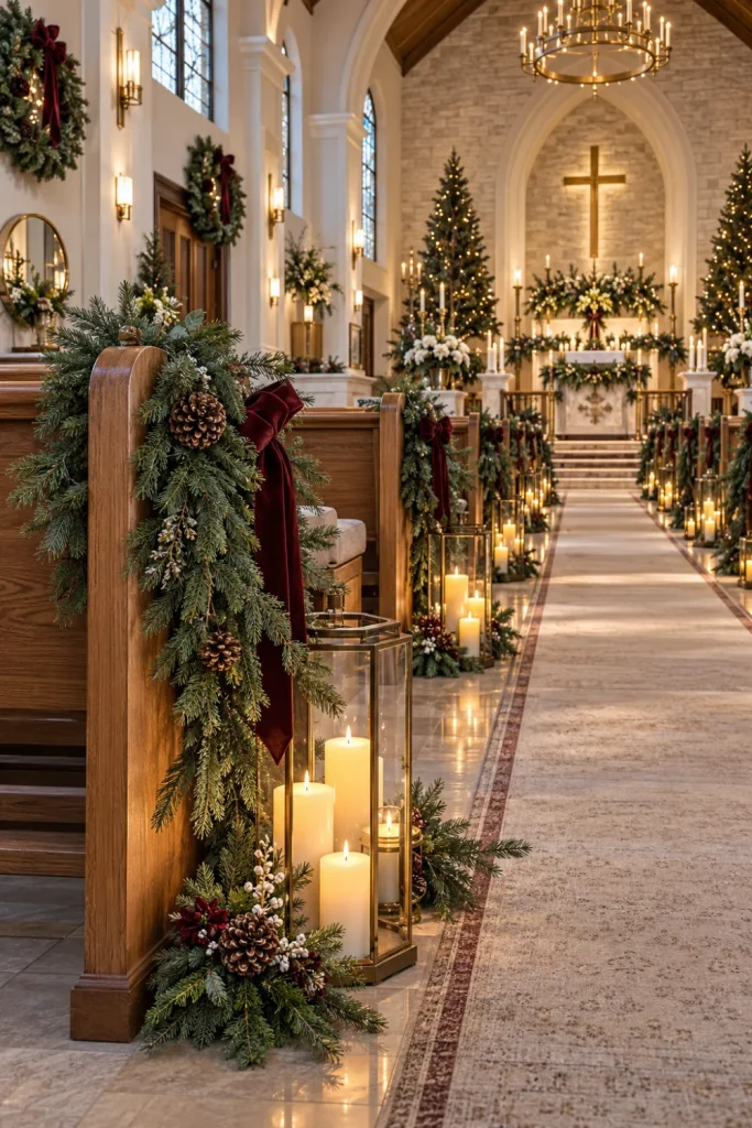 Warm candlelit winter church aisle decorated with evergreen garlands, pinecones, modern lanterns, and elegant contemporary sanctuary details.