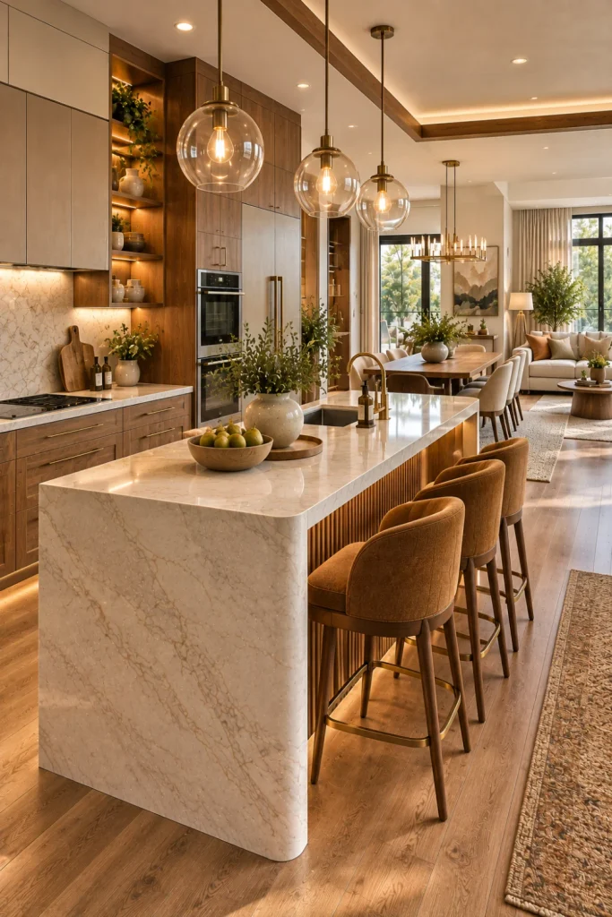 Warm contemporary connected kitchen with walnut cabinetry, textured stone, luxury island, modern lighting, natural materials, and elegant open-plan styling.