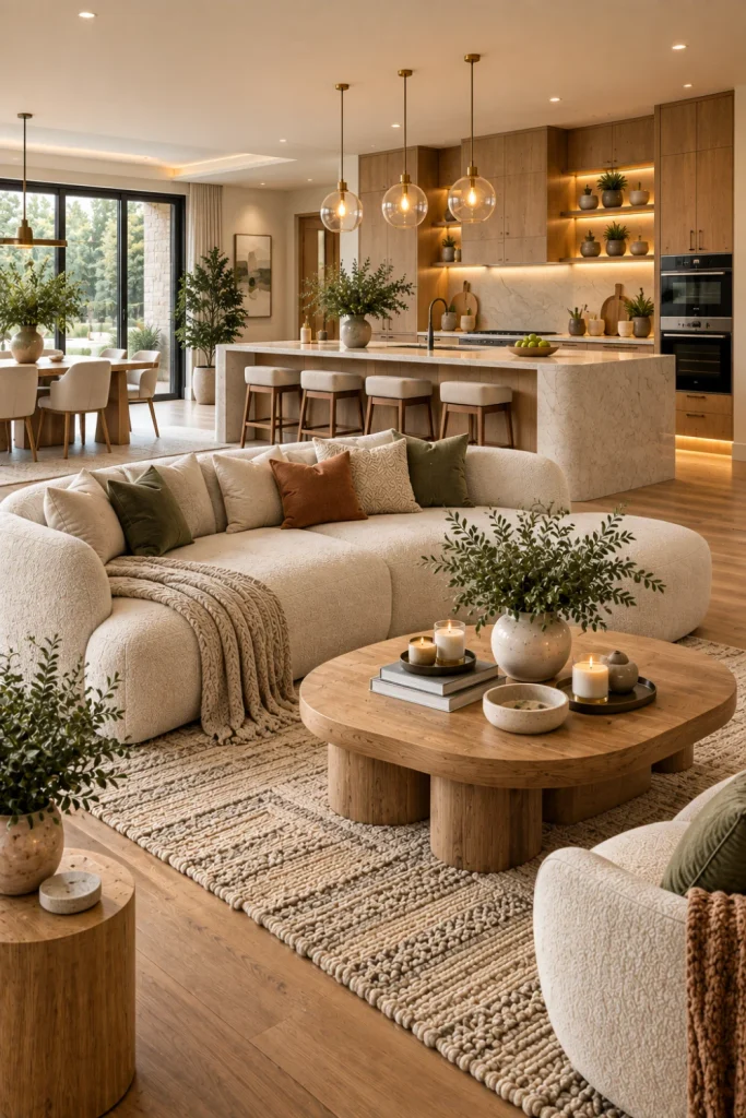 Warm contemporary open-concept kitchen and living room with natural oak cabinetry, soft neutral colors, streamlined storage, cozy curved seating, sculptural lighting, and layered textures.