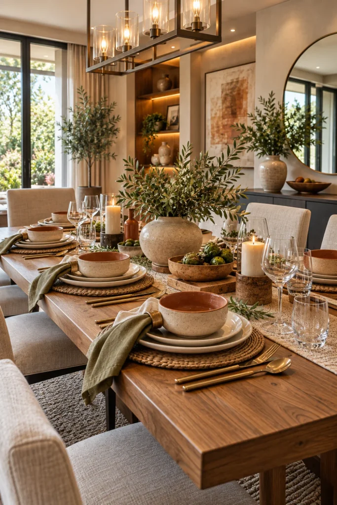 Warm earth-tone modern dining table setting with terracotta, beige, cream, wood, muted olive, stoneware, and contemporary décor.