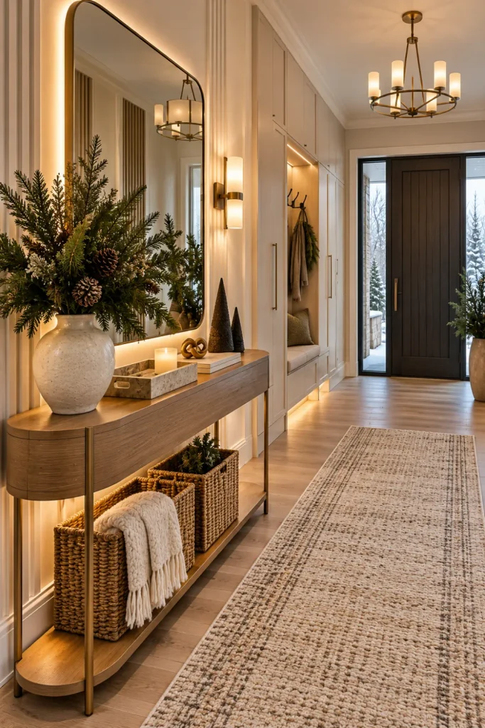 Warm modern winter foyer featuring a slim wood console, rounded mirror, evergreen vase arrangement, neutral runner, contemporary lighting, and elegant natural textures.