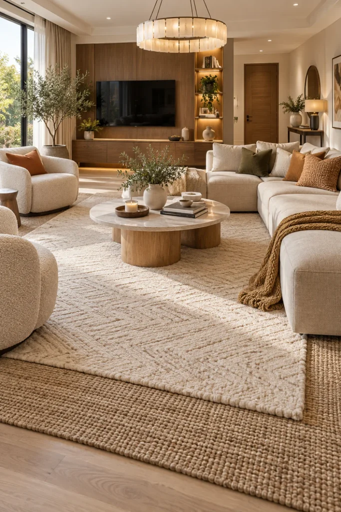 Warm neutral layered carpets in a luxurious modern living room with beige, cream, and taupe furnishings, natural wood accents, and elegant contemporary decor.