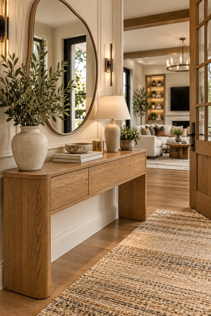 Warm oak console table creating a cozy modern foyer with natural wood grain, cream decor, textured rug, greenery, contemporary lighting, and elegant neutral styling.