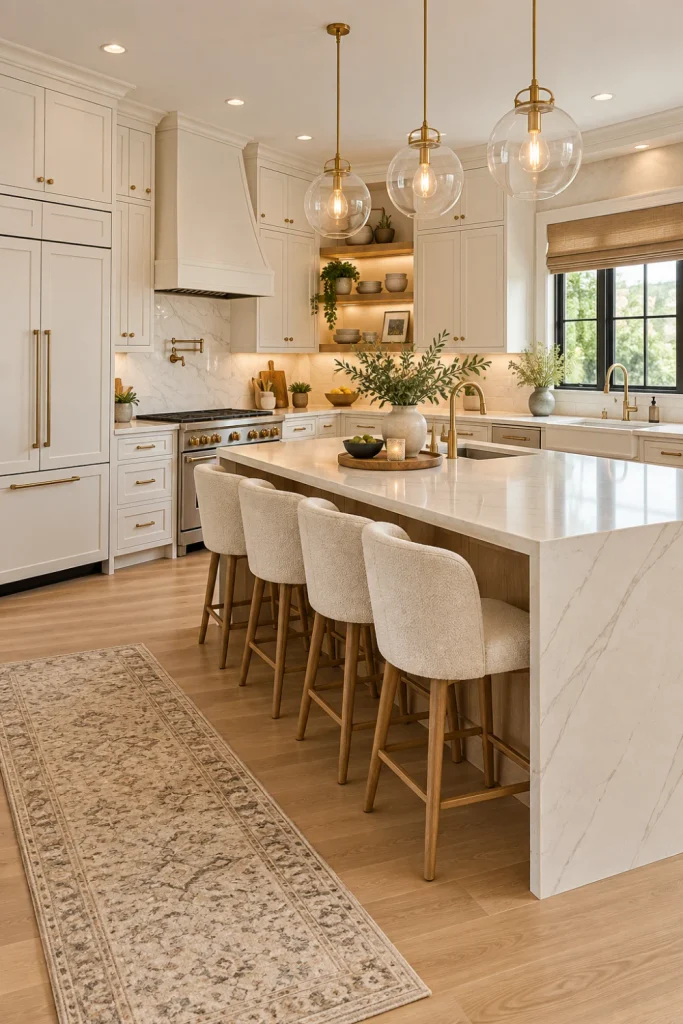 Warm white painted kitchen cabinets with natural oak accents, quartz countertops, brass hardware, modern pendant lights, cream seating, wood flooring, and elegant contemporary decor.