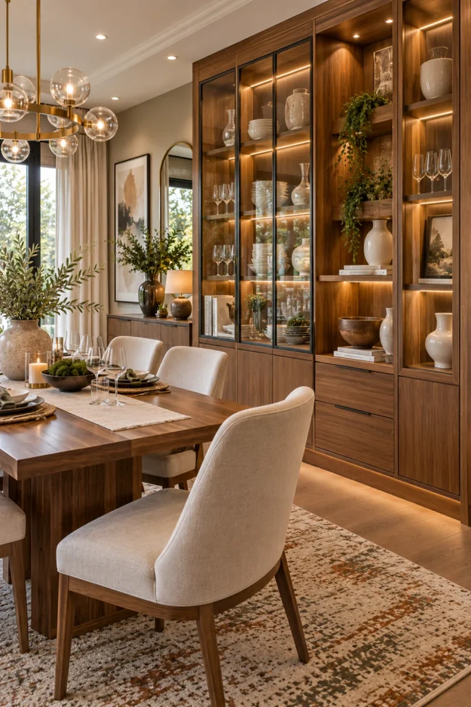 Warm wood modern dining room display cabinet styled with ceramics, greenery, luxury lighting, natural textures, and contemporary furnishings.