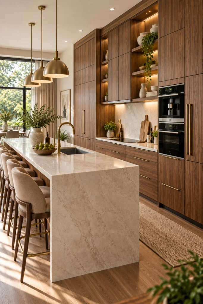 Warm wood modern kitchen storage cabinets with natural walnut tones, stone surfaces, brass details, and elegant contemporary decor.