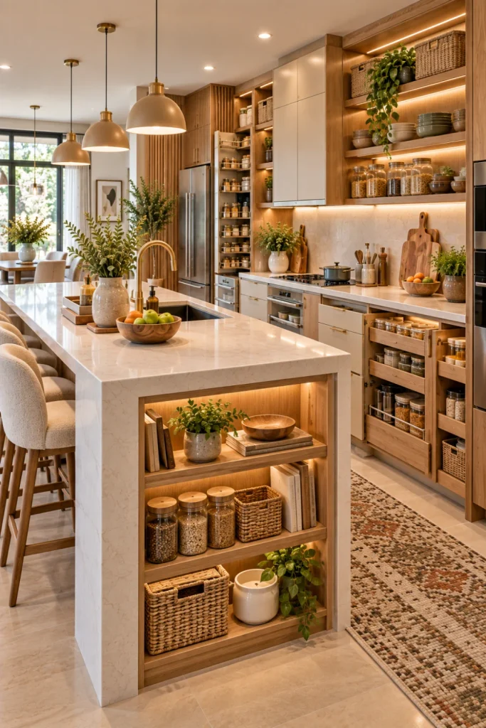 Warm wood and neutral modern kitchen featuring coordinated storage containers, oak cabinetry, cream surfaces, woven baskets, organized shelves, elegant lighting, and sophisticated contemporary decor.