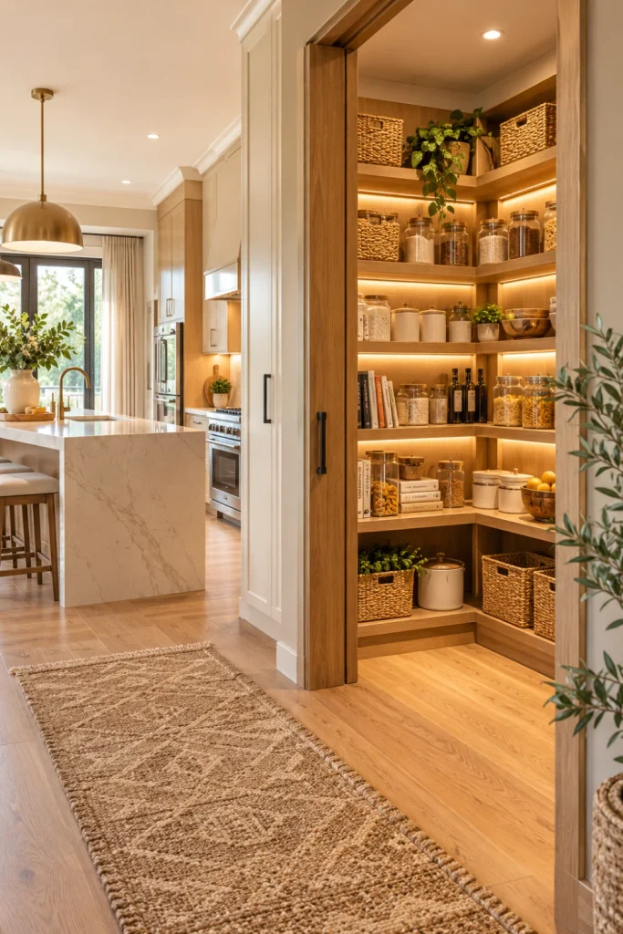 Warm wood open-door pantry with natural oak shelving, cream cabinetry, woven baskets, glass jars, warm LED lighting, and contemporary kitchen styling.