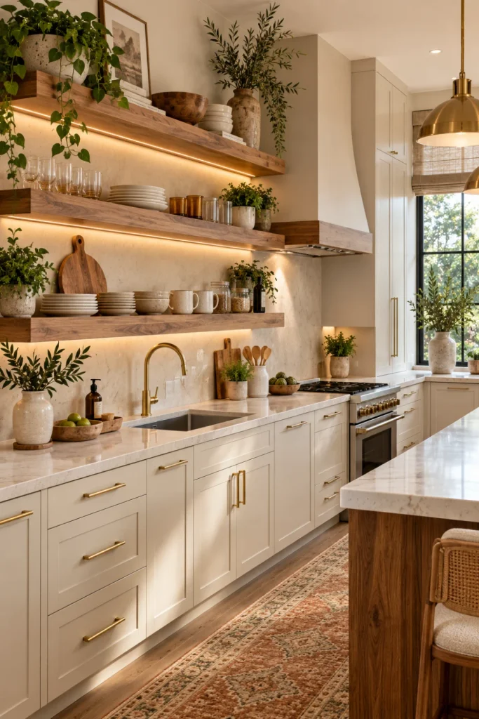 Warm walnut open shelves styled with cream ceramics, glassware, greenery, and natural wood accents in a luxurious modern kitchen with white cabinetry, stone countertops, warm lighting, and contemporary decor.