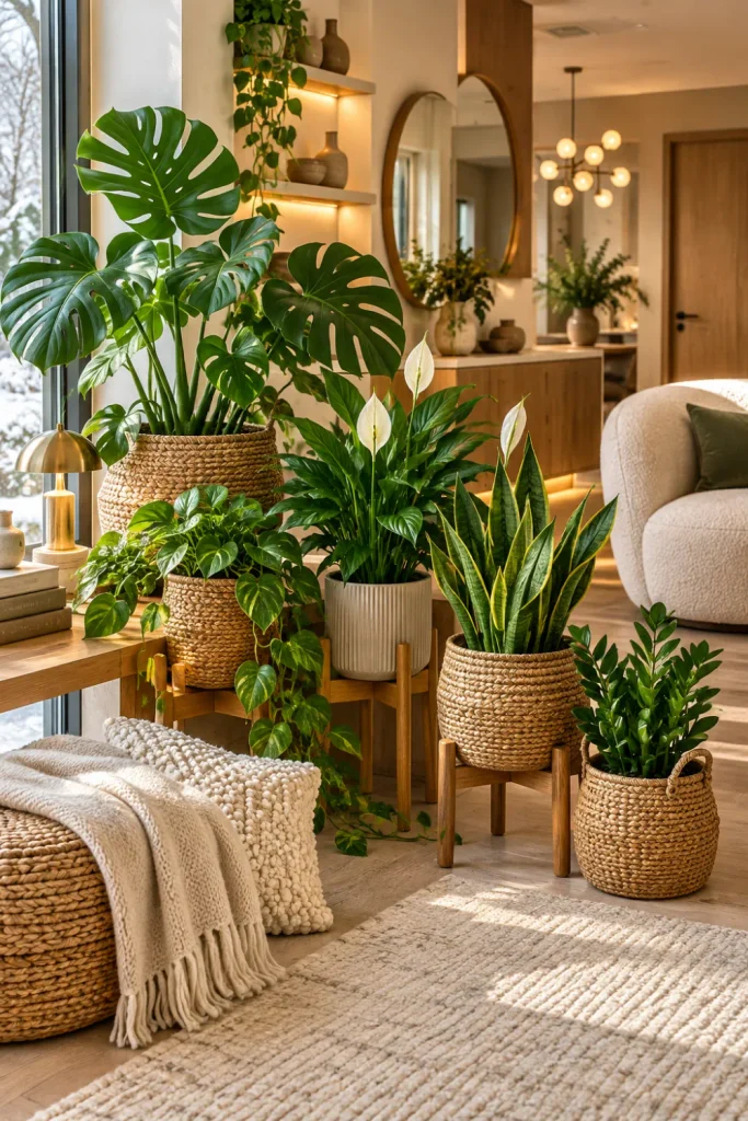 Warm wood plant corner with lush indoor greenery, woven baskets, neutral textiles, modern furniture, and cozy winter lighting in a contemporary 2026 home.