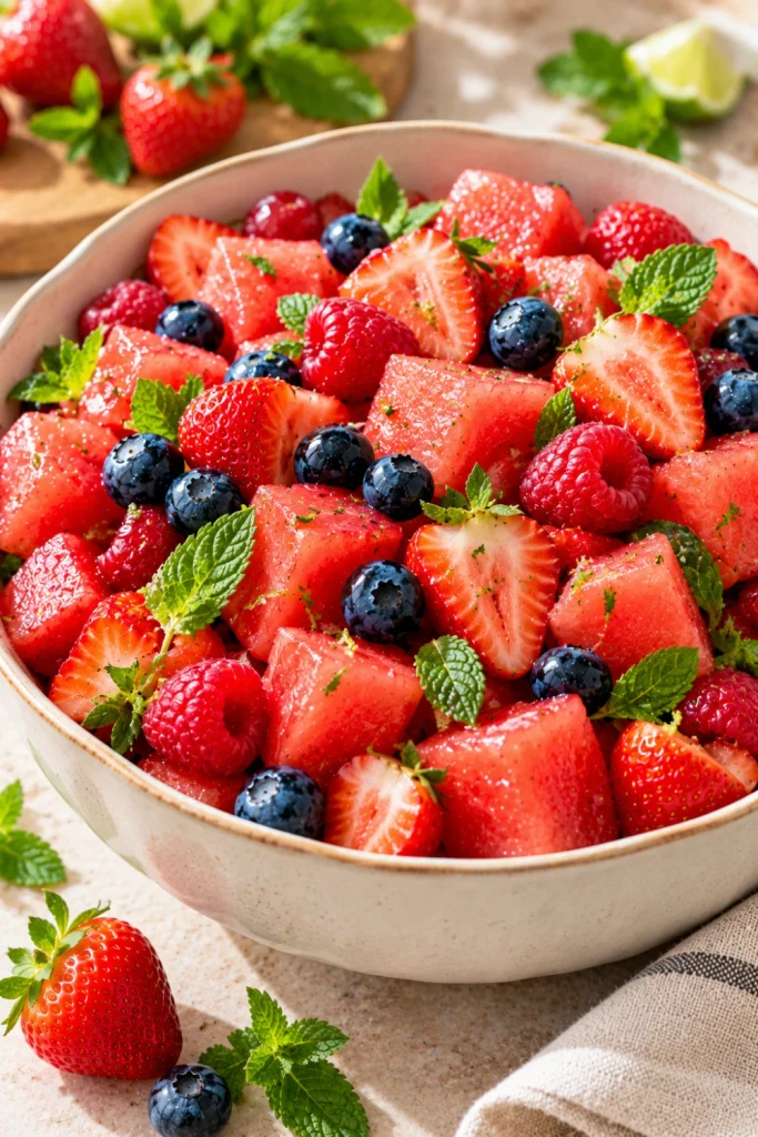 Watermelon berry fruit salad with watermelon cubes, strawberries, blueberries, raspberries, fresh mint, and lime served chilled in a modern bowl.
