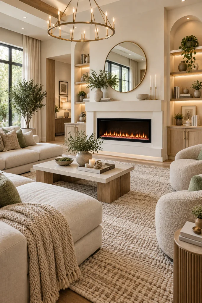 White electric fireplace with minimalist mantel, beige sectional, natural wood accents, textured area rug, modern lighting, and bright stylish living room.