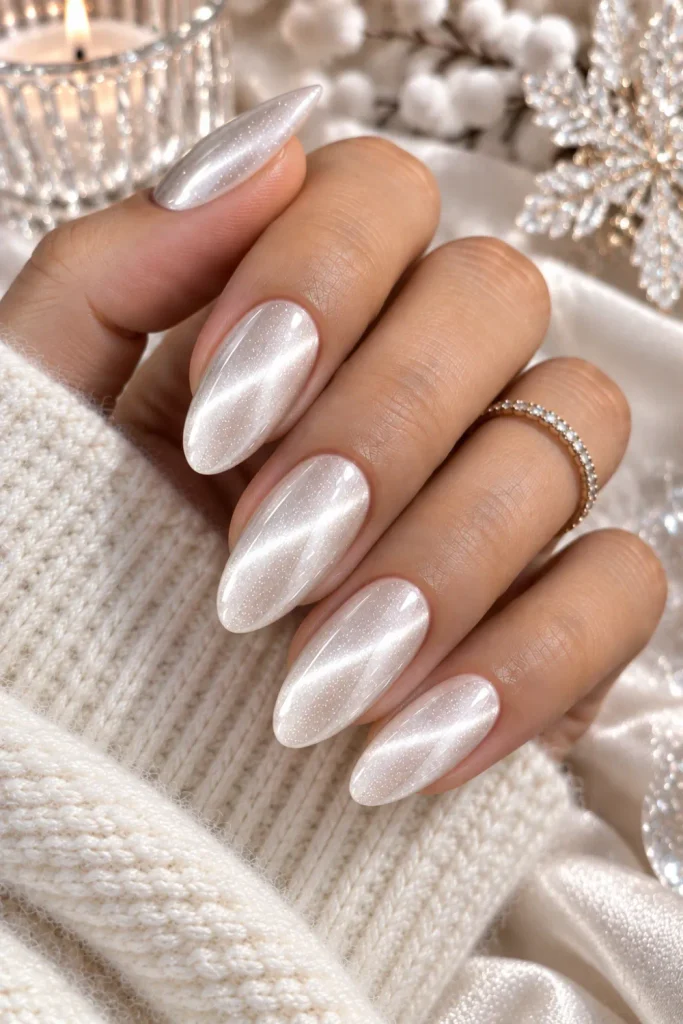 White pearl cat-eye winter nails with icy magnetic shimmer, snowy shine, glossy almond tips, and elegant modern luxury styling.