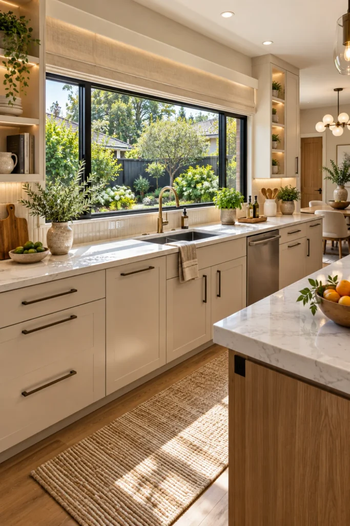 Luxury contemporary kitchen with a wide horizontal window above the sink, cream cabinetry, warm wood accents, elegant backsplash, modern faucet, integrated lighting, and bright natural light.