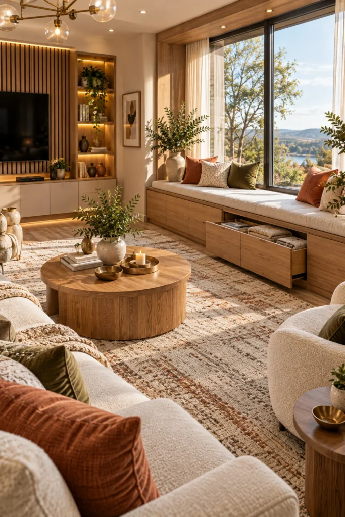 Cozy modern living room window seat bench with built-in drawers beneath a cream cushion, surrounded by natural wood furniture, layered textiles, plants, and soft window light.