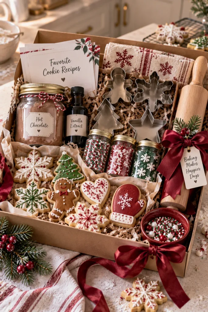 Winter baking gift box with cookie cutters, colorful sprinkles, hot chocolate powder, vanilla extract, recipe cards, and festive cookies.