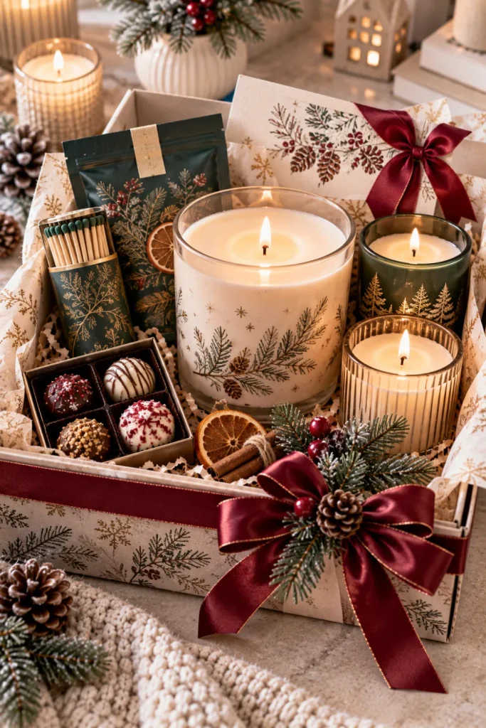 Elegant winter candle gift set with vanilla, cinnamon, pine, and amber candles, decorative matches, chocolate, tea, and modern seasonal wrapping.