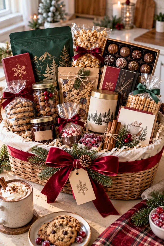 Colorful winter foodie gift basket filled with chocolate, coffee, breakfast treats, movie-night snacks, gourmet pantry items, and recipe cards.