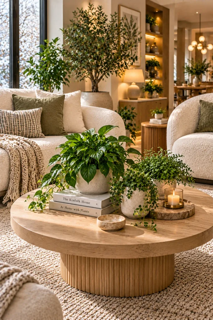Winter garden coffee table styling with small potted plants, botanical accents, books, natural materials, and modern cozy living room decor.
