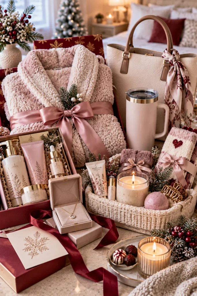 Chic winter gifts for her featuring a cozy robe, delicate jewelry, winter skincare, a heated mug, a tote bag, and an elegant self-care basket.