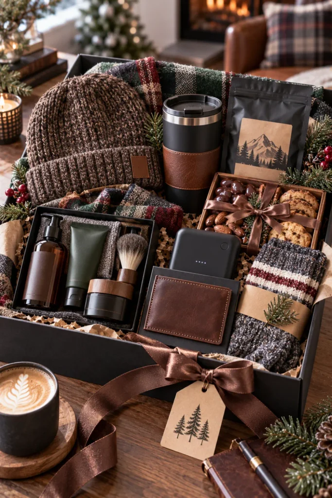 Modern winter gifts for him featuring a warm beanie, coffee accessories, grooming kit, portable gadget, snack basket, and leather accessory.