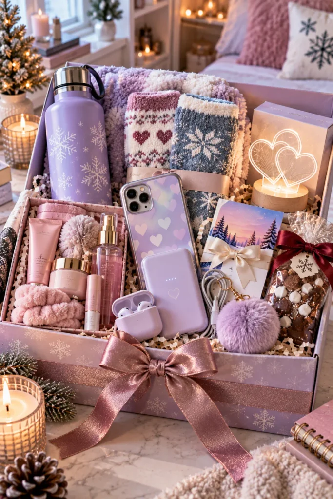 Trendy winter gifts for teens with LED room accessories, phone accessories, cute water bottle, mini beauty set, graphic socks, and gift card.