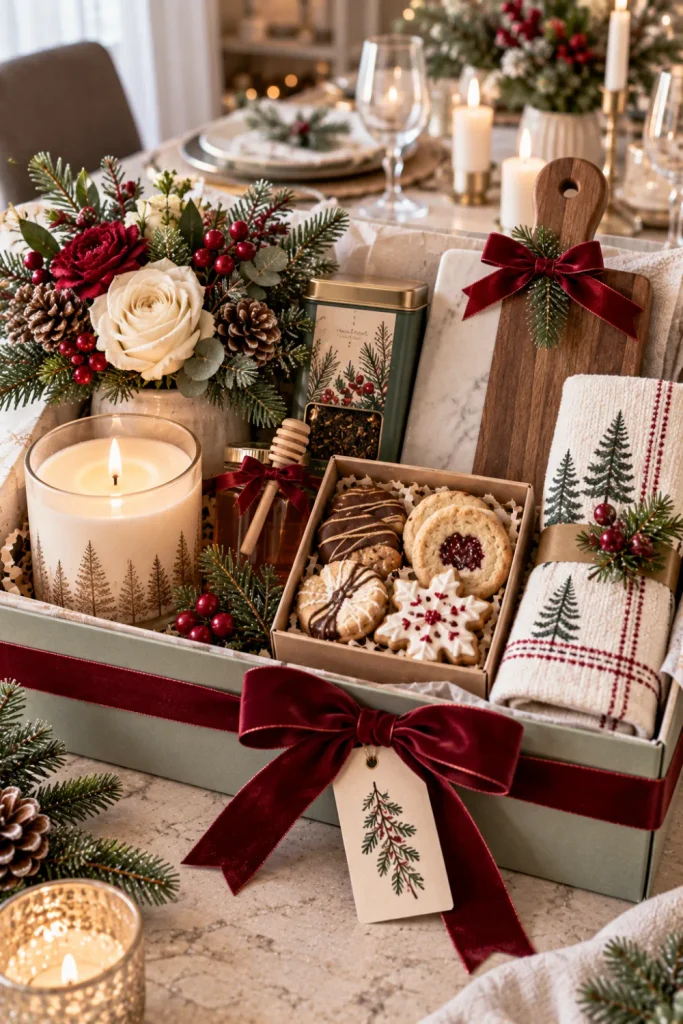 Elegant winter hostess gift arrangement with scented candle, specialty tea, gourmet cookies, mini serving board, winter flowers, and seasonal kitchen towel.