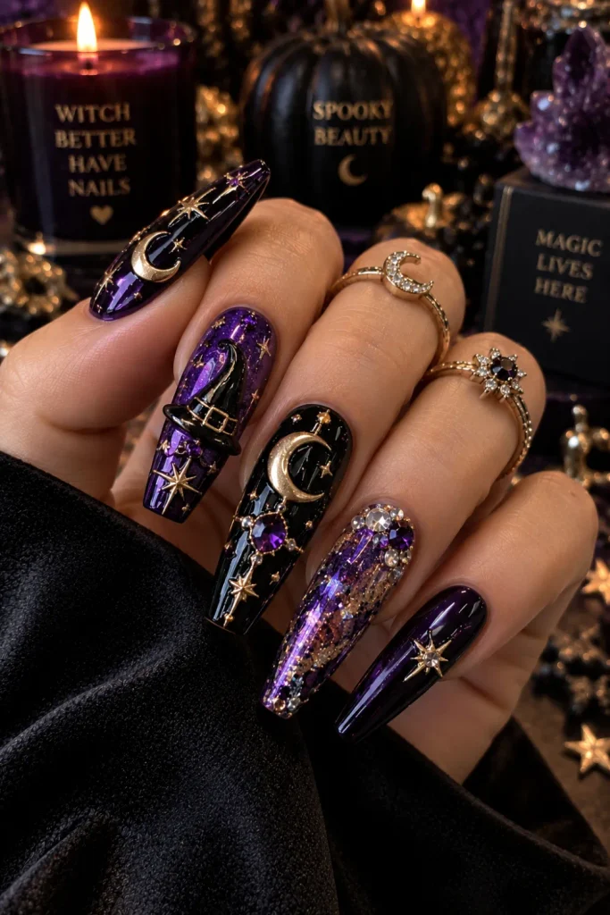 Witchy purple and black chunky Halloween nails with metallic moons, stars, rhinestones, glossy polish, and mystical 3D details.