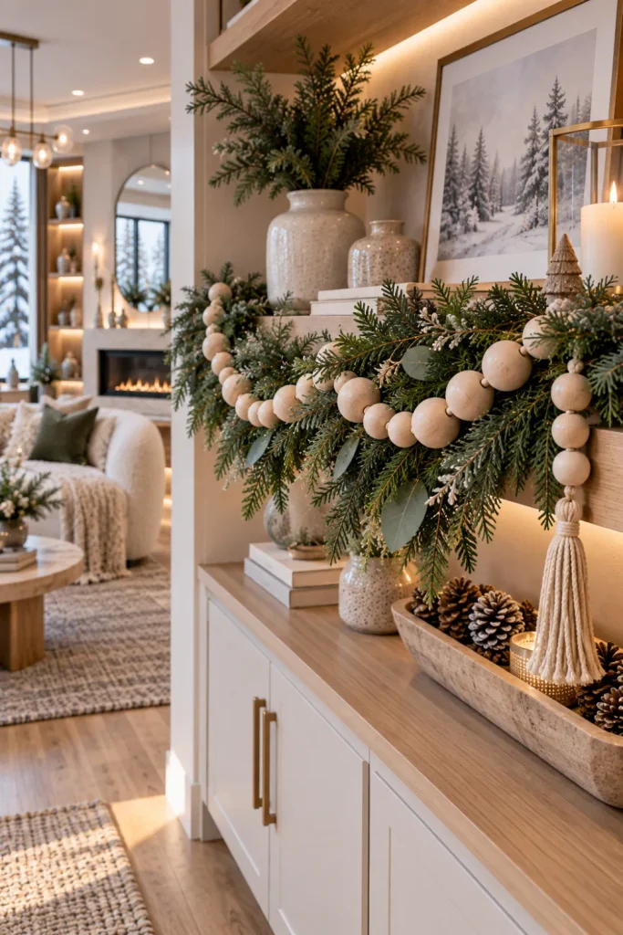 Natural wood bead and evergreen garland draped across modern 2026 kitchen cabinets and a winter mantel with warm contemporary lighting.