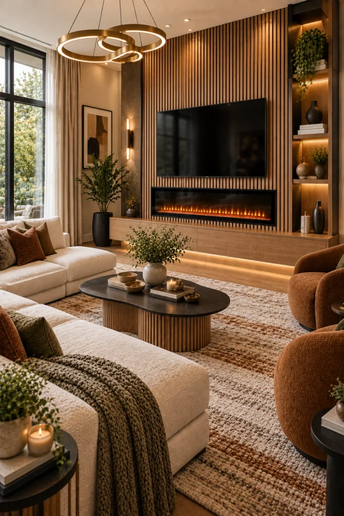 Wood-slat electric fireplace feature wall with black fireplace insert, cream seating, modern rug, floating cabinet, warm lighting, and trendy contemporary living room.