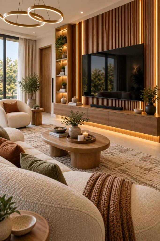 Contemporary living room with a wall-mounted TV set against a vertical warm wood slat feature wall with integrated LED lighting, floating console, cream boucle sofa, oak coffee table, textured rug, modern chandelier, and elegant minimalist decor.