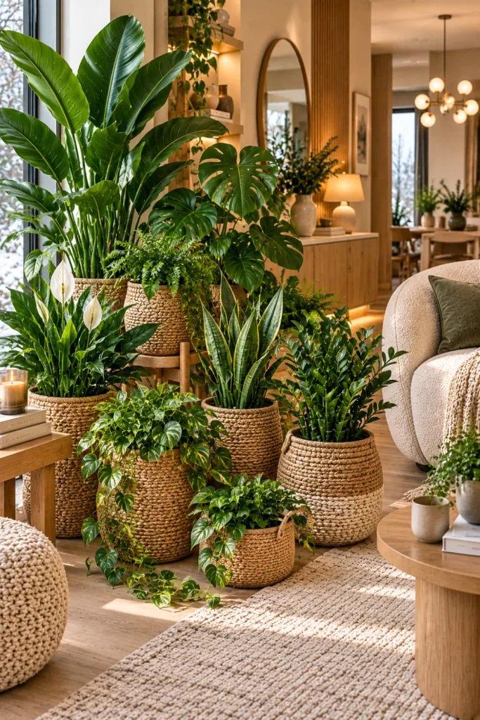 Woven baskets with layered houseplants at different heights in a cozy modern indoor winter garden with warm wood, neutral textiles, and contemporary lighting.