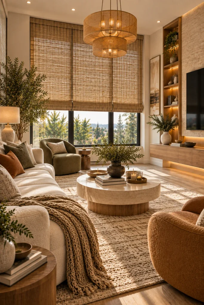 Warm modern living room with woven blinds, natural wood furniture, cream seating, organic textured rug, contemporary lighting, and stylish indoor greenery.