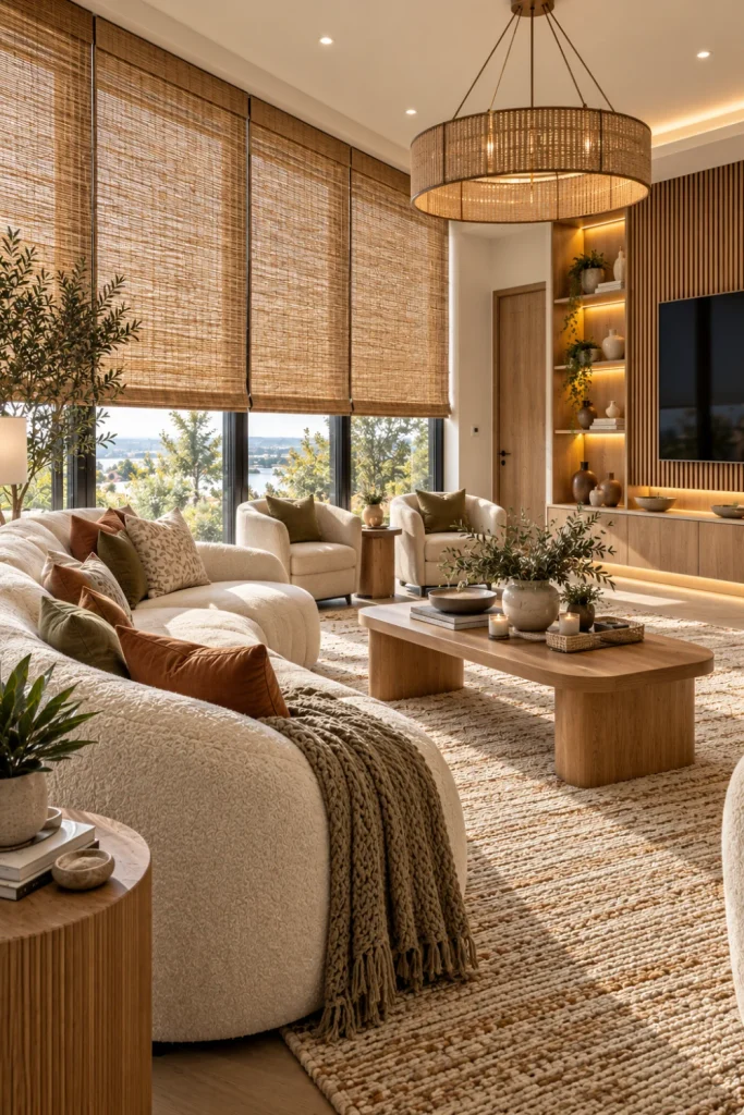 Contemporary luxury living room featuring natural woven wood shades over large windows, warm oak furnishings, cream boucle seating, textured neutral rug, fluted wood wall, integrated cabinet lighting, and earthy modern decor.