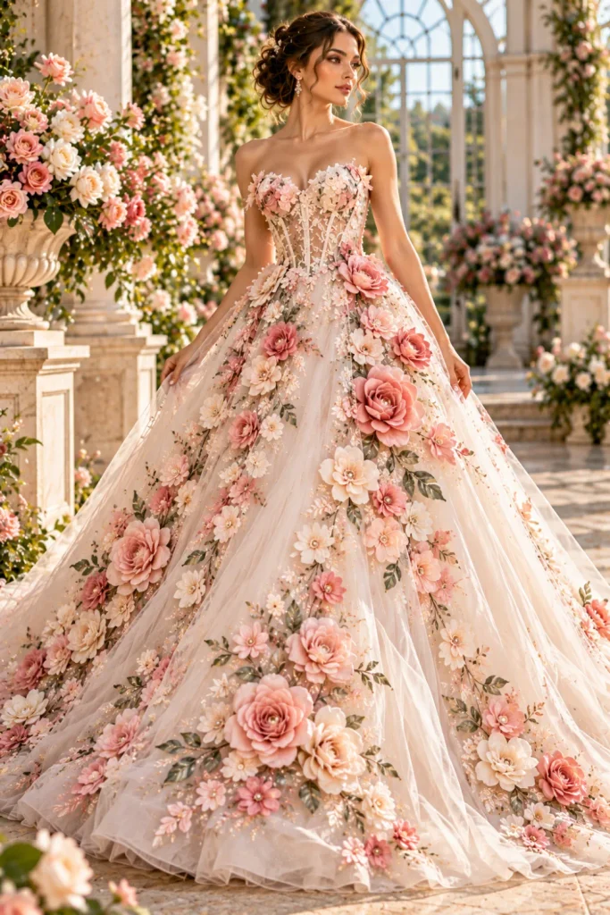 Luxury three-dimensional floral embroidered gown with raised pink roses, sculptural petals, and a voluminous ivory tulle skirt.