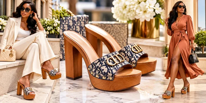 Dior wooden platform high heels with chic monogram straps and gold detailing styled with elegant ivory and rust-colored outfits for a luxury fashion look.