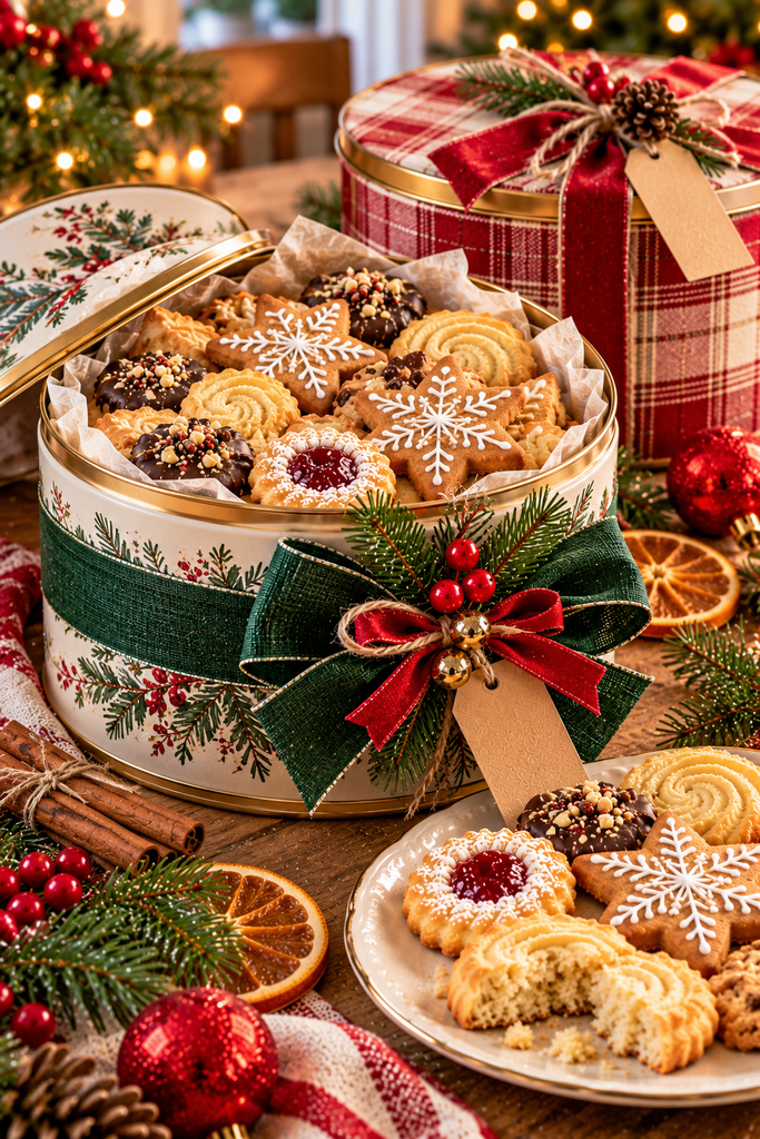 Reusable Christmas cookie tins decorated with forest-green fabric ribbons, red plaid bows, and evergreen accents, filled with homemade gingerbread, cinnamon biscuits, and buttery shortbread for thoughtful holiday gifting.