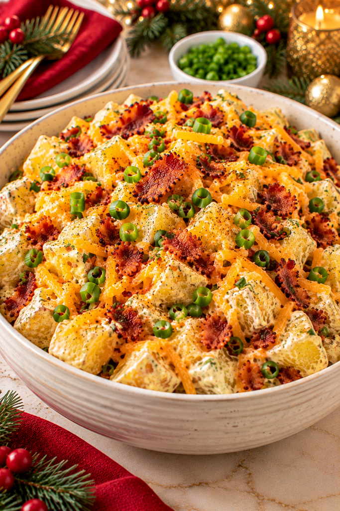 Crowd-pleasing loaded potato salad with Yukon Gold potatoes, creamy sour cream dressing, sharp cheddar, crispy bacon, green onions, and Dijon mustard for Christmas dinner and family gatherings.