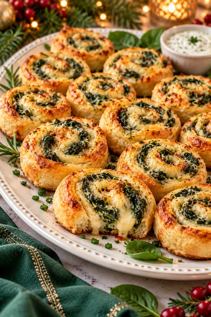 Easy Christmas Eve Finger Foods to Bring to Dinner, featuring golden spinach and mozzarella puff pastry pinwheels with flaky spirals, melted cheese, and green spinach filling on a festive serving platter.