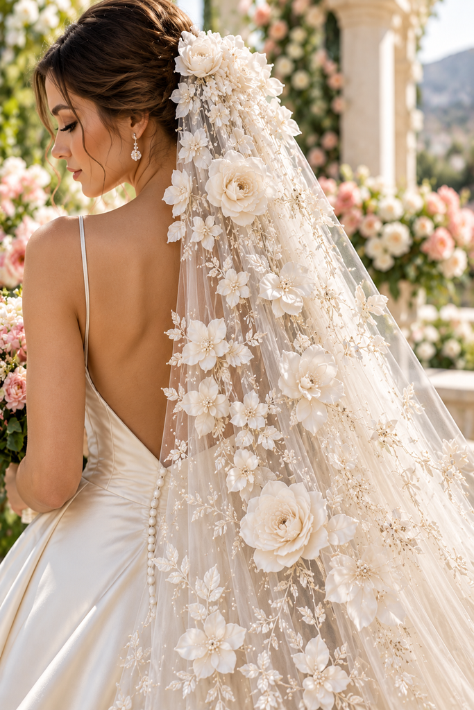 Modern ivory bridal veil decorated with dimensional three-dimensional flowers and sculptural fabric petals, paired with a sleek wedding gown in soft natural light.